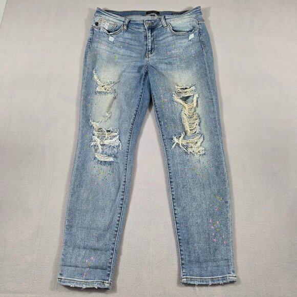 Judy Blue Jeans Womens 13/31 Blue Denim Boyfriend Fit Distressed Stretch - Picture 1 of 16